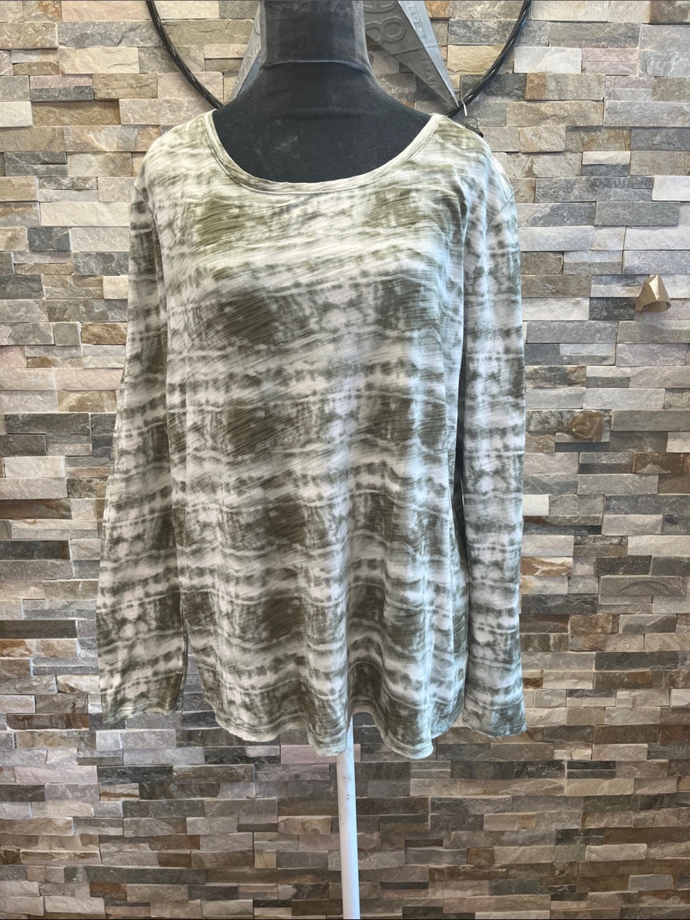 Olive Tie-Dye Long Sleeve Scoop Neck Top - Women's